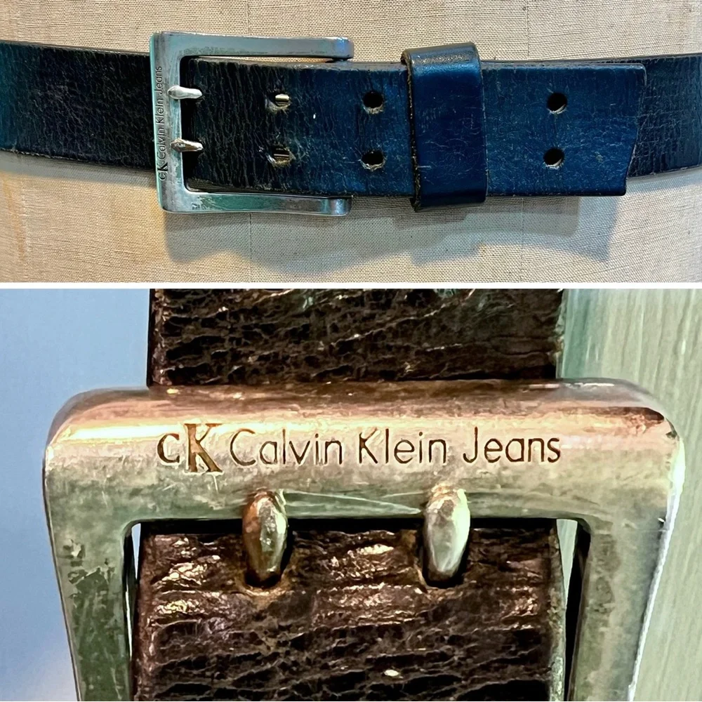 VINTAGE‎ Calvin Klein black genuine leather belt silver signature double buckle